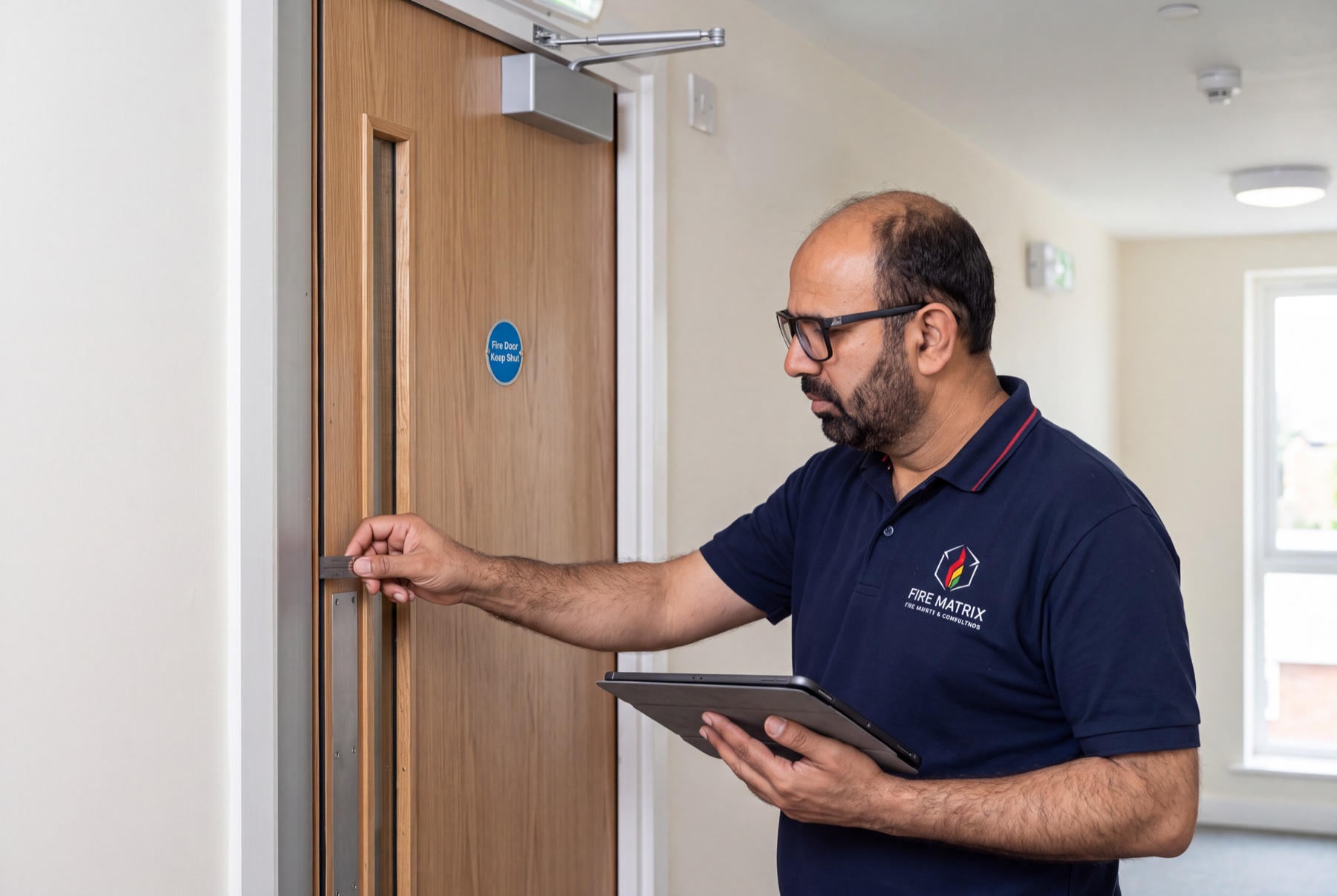 Nazir Ahmad checking a fire door gap with a gauge while recording the inspection on a tablet