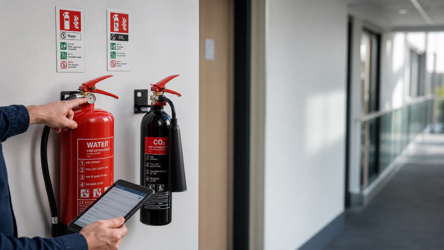 A competent technician checking a fire extinguisher gauge while recording the inspection on a tablet