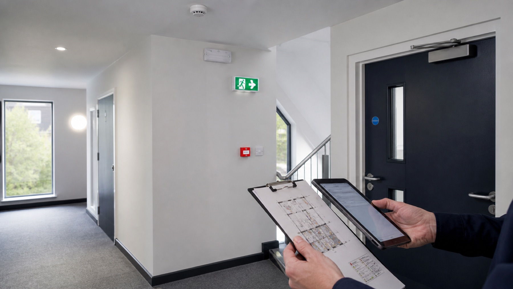Fire risk assessment records being reviewed on site in a UK apartment corridor