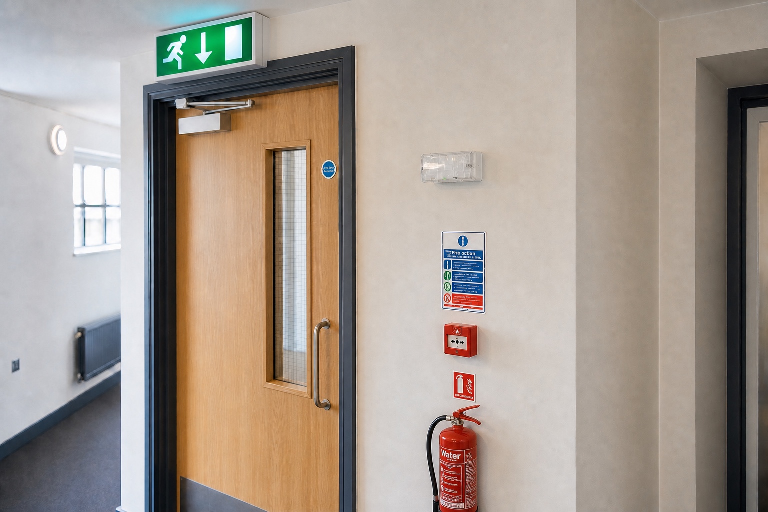 Well-managed corridor with fire door, illuminated exit sign, emergency light, alarm call point and labelled fire extinguisher