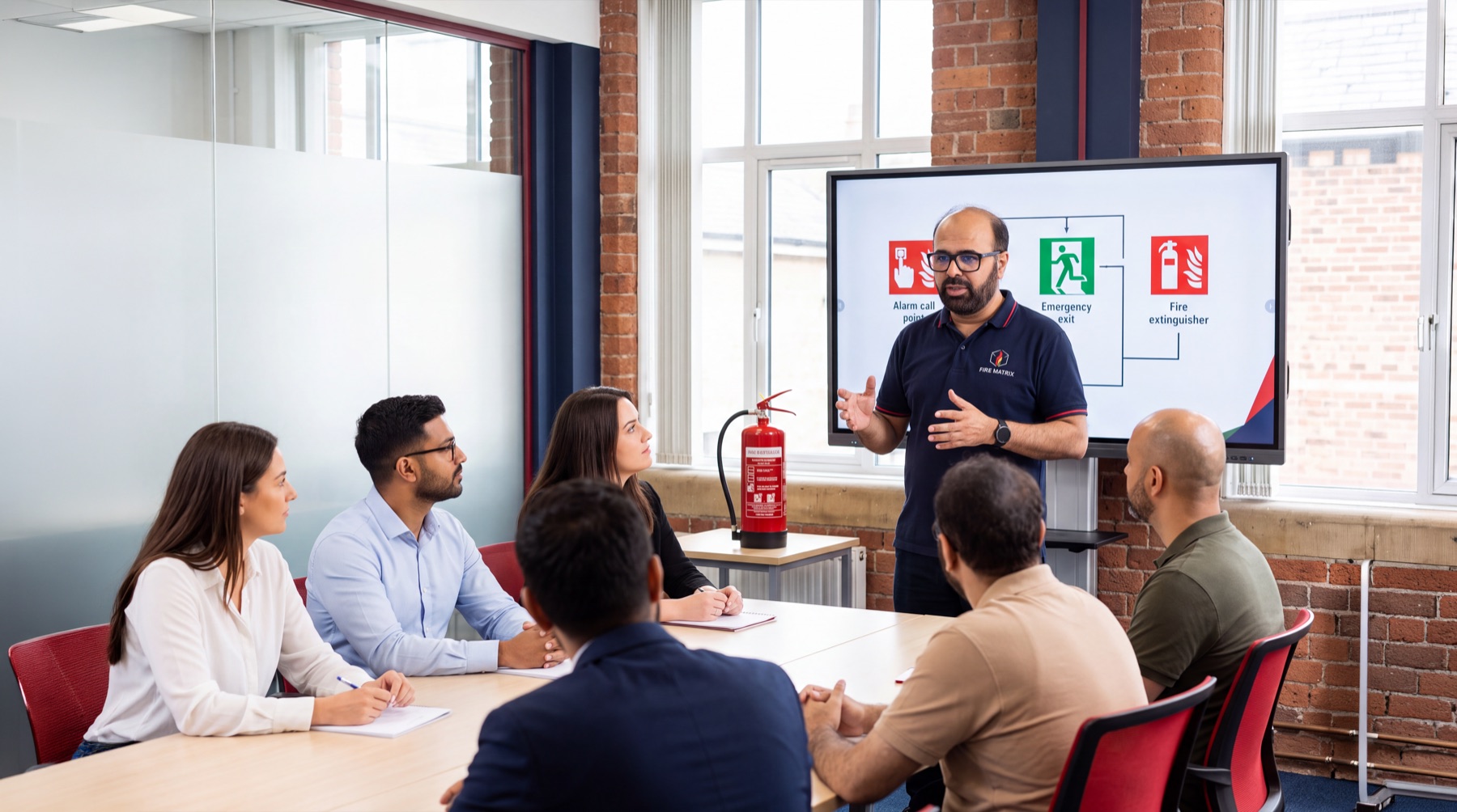 Nazir Ahmad delivering practical fire safety training to a small workplace team